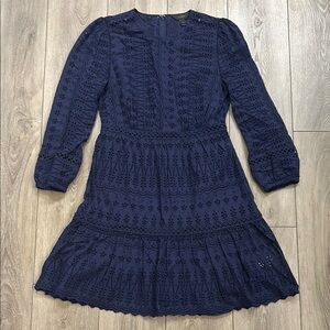 J. Crew NWOT Lined Long Sleeve Navy Blue Eyelet Mini Ruffle Hem Dress - 2